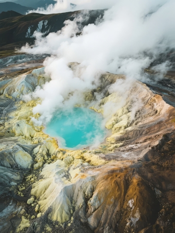 火山口喷发蒸汽蓝色水池景观