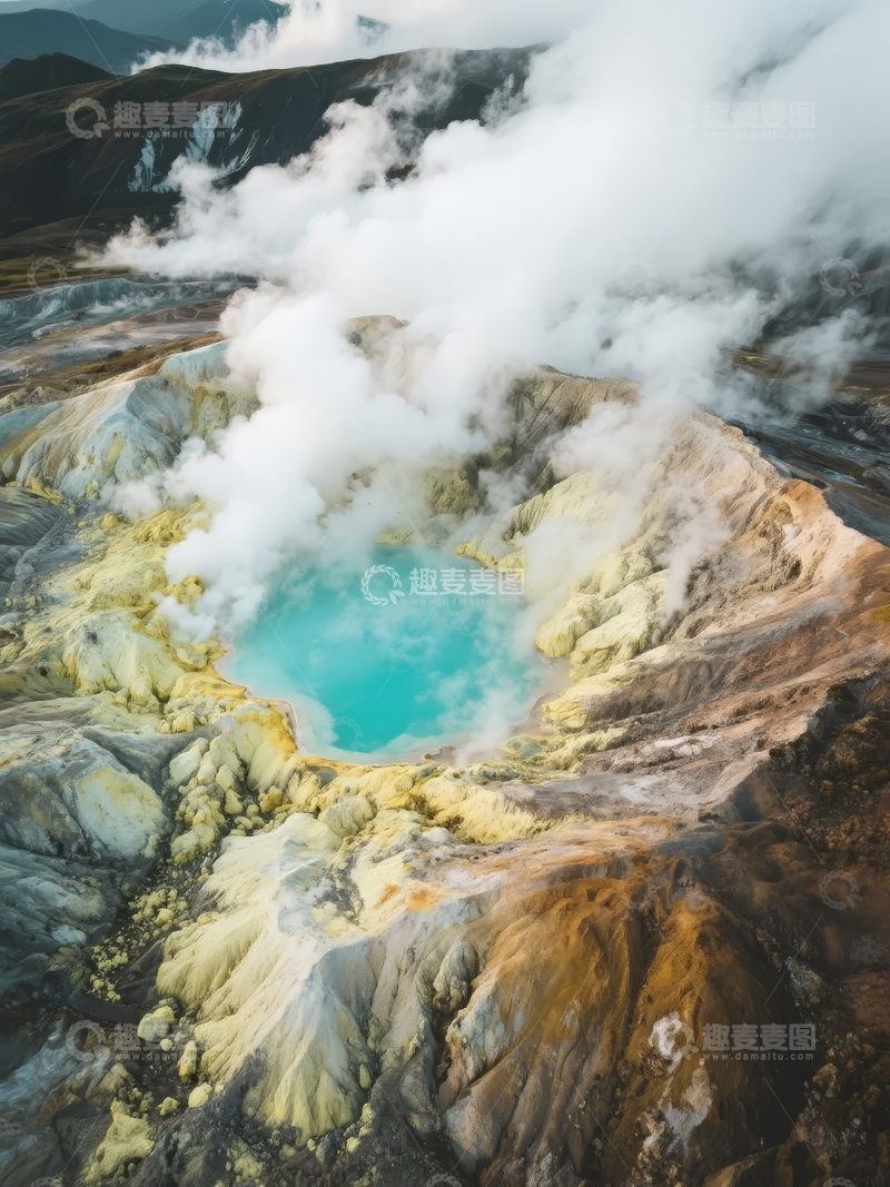 高清大图下载【趣麦麦图】火山口喷发蒸汽蓝色水池景观
