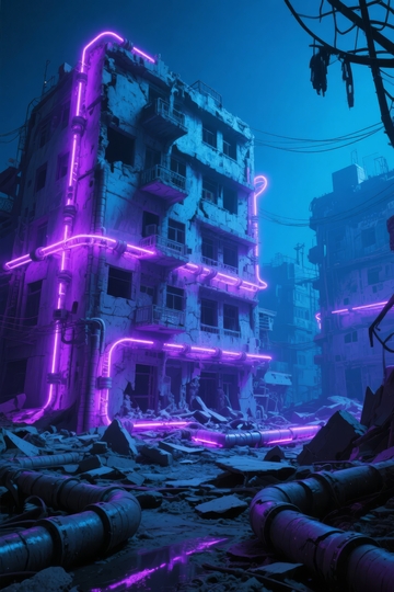 霓虹灯照亮的废墟建筑夜景