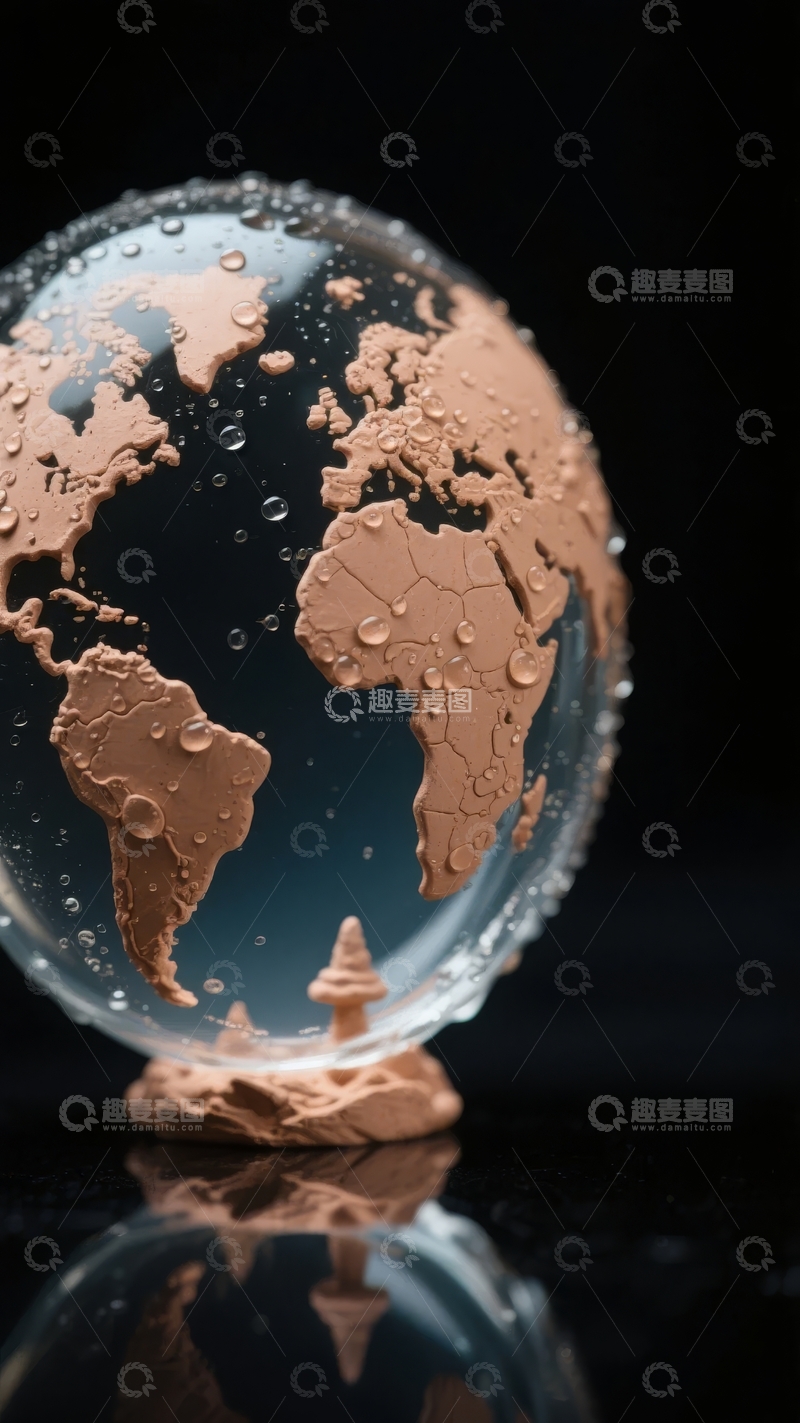 高清大图下载【趣麦麦图】透明玻璃地球仪表面布满水珠置于黑暗背景中