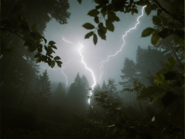 雷电划破夜空照亮茂密森林