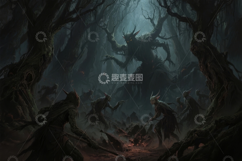 高清大图下载【趣麦麦图】幽暗森林中神秘生物与诡异树影交织的奇幻场景