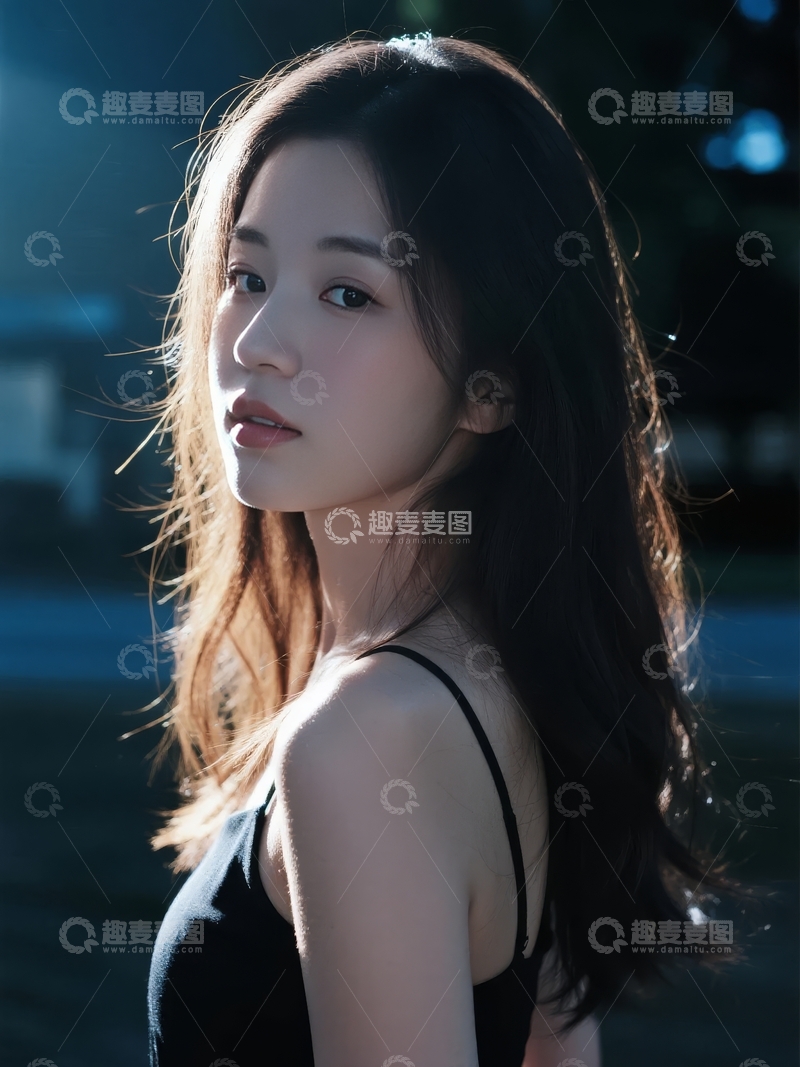 高清大图下载【趣麦麦图】阳光下侧脸凝视的年轻女子肖像