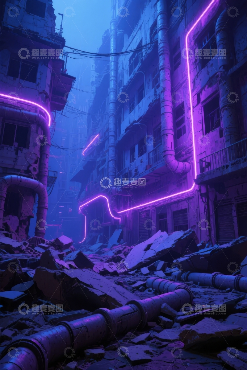 高清大图下载【趣麦麦图】未来都市废墟中霓虹管道光影交错的赛博朋克场景