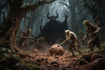 黑暗森林中持矛战士与发光生物对峙的奇幻场景