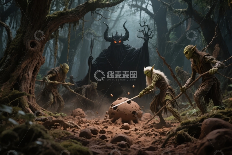 高清大图下载【趣麦麦图】黑暗森林中持矛战士与发光生物对峙的奇幻场景