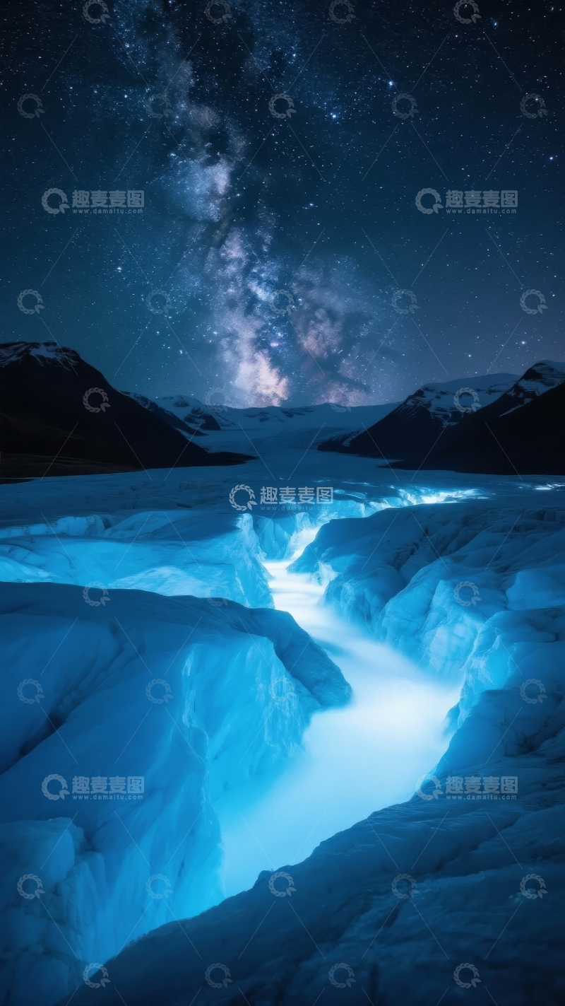 高清大图下载【趣麦麦图】-夜空下冰川河流映衬银河壮丽景象