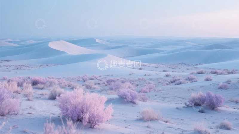 高清大图下载【趣麦麦图】雪覆沙漠景观点缀紫色灌木丛