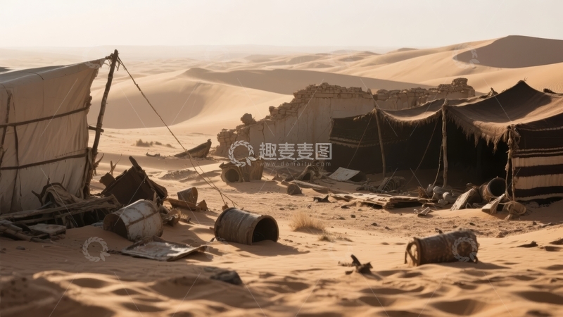 高清大图下载【趣麦麦图】沙漠中的帐篷营地散落着废弃物品