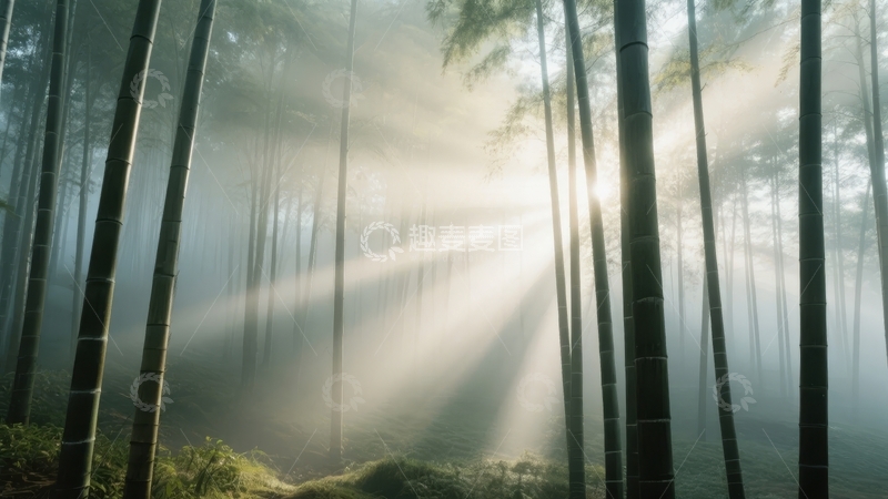 高清大图下载【趣麦麦图】晨雾竹林阳光穿透树梢洒落