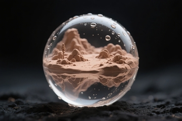 水晶球内微型山地景观与水滴细节