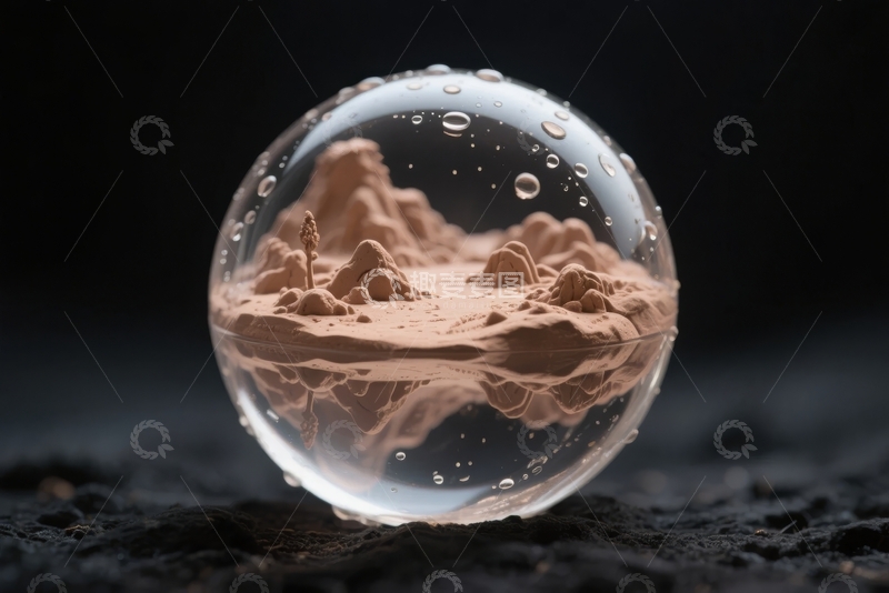 高清大图下载【趣麦麦图】水晶球内微型山地景观与水滴细节