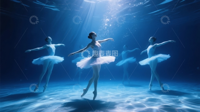 高清大图下载【趣麦麦图】三位芭蕾舞者在蓝色水下优雅起舞