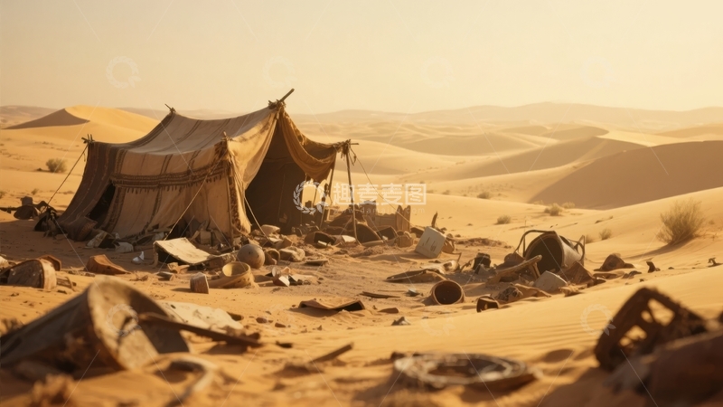 高清大图下载【趣麦麦图】沙漠中废弃帐篷与散落物品的荒凉景象