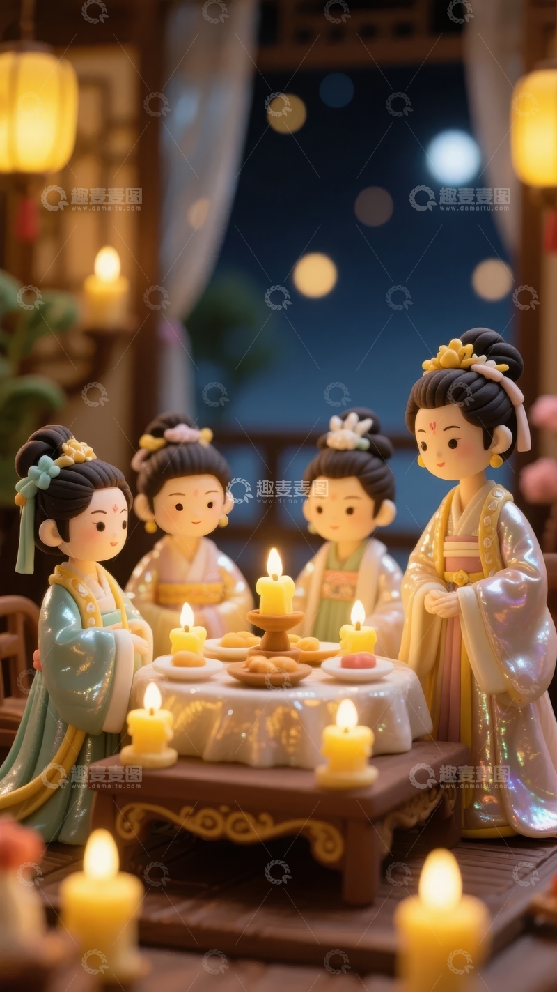 四位身着古装女子在烛光晚餐中欢聚