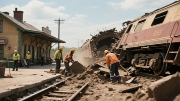 铁路事故现场工人清理轨道碎石