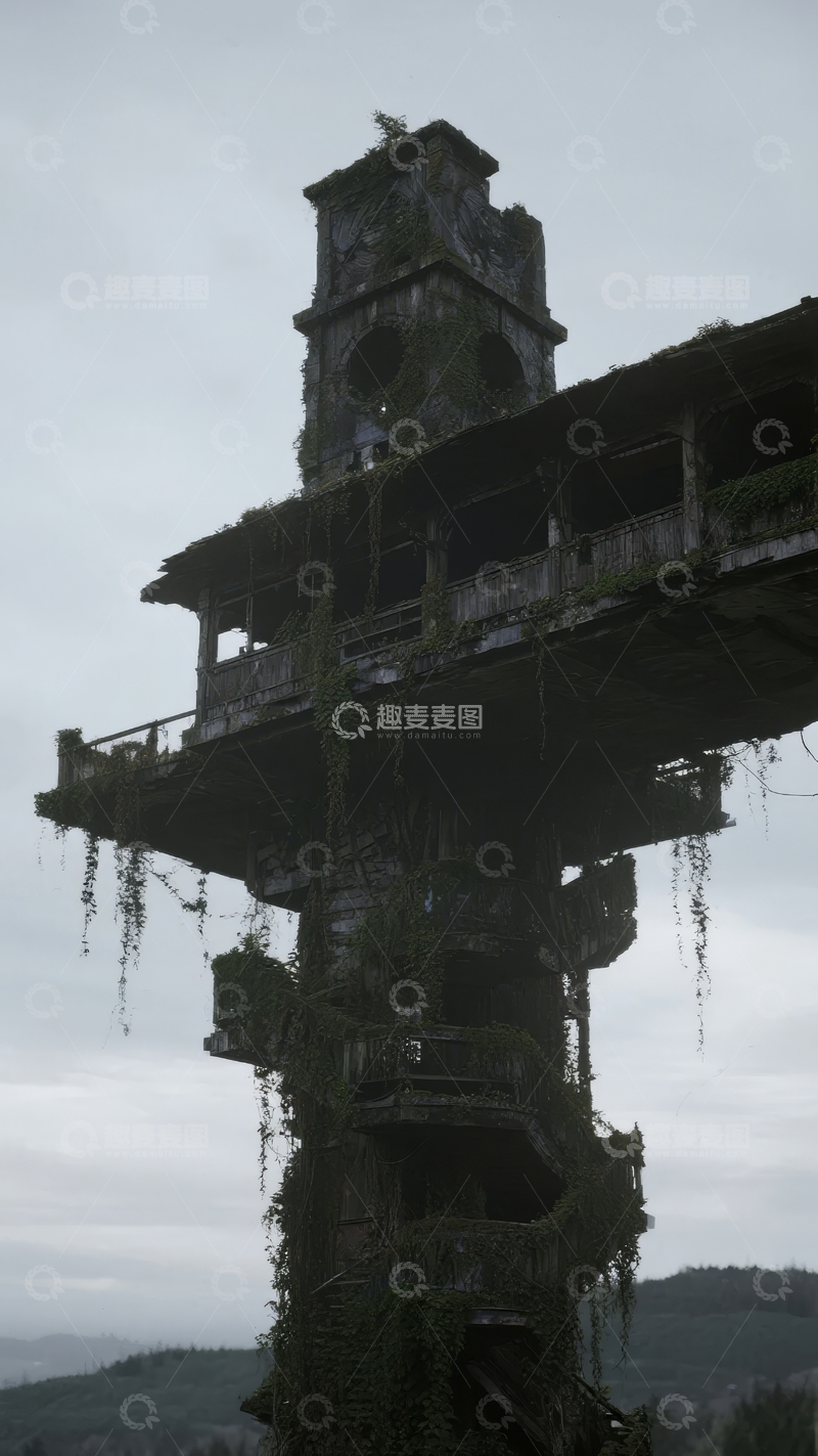 高清大图下载【趣麦麦图】废弃建筑残骸在阴天中显得破败不堪