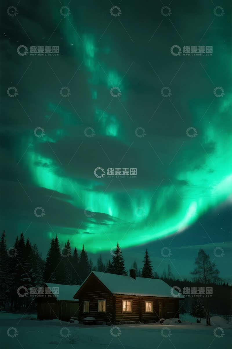 高清大图下载【趣麦麦图】极光下的雪地木屋夜景