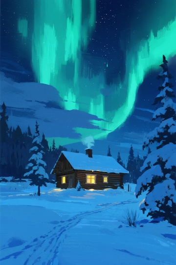 雪夜小屋北极光下宁静美景