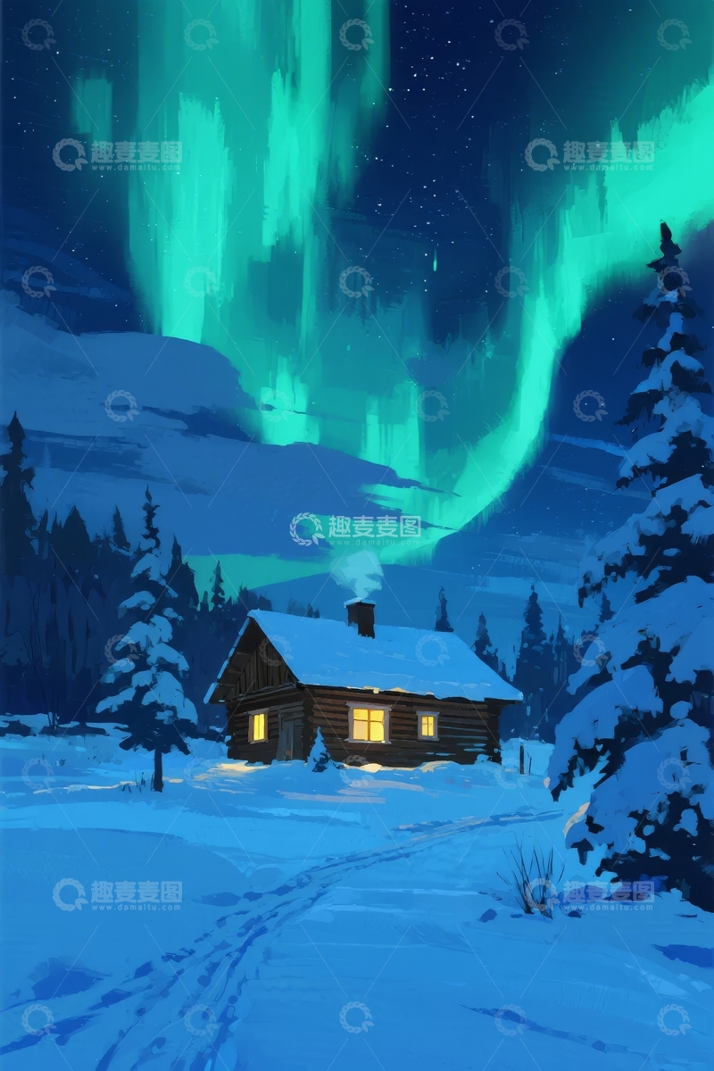 高清大图下载【趣麦麦图】雪夜小屋北极光下宁静美景
