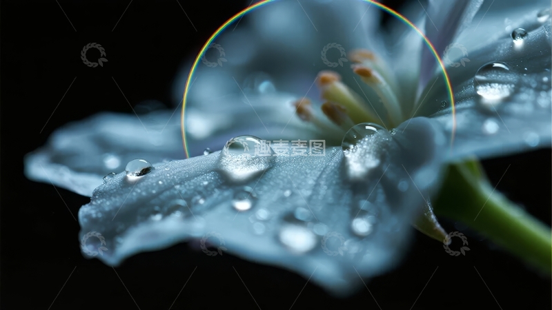 雨滴点缀的蓝色花朵特写