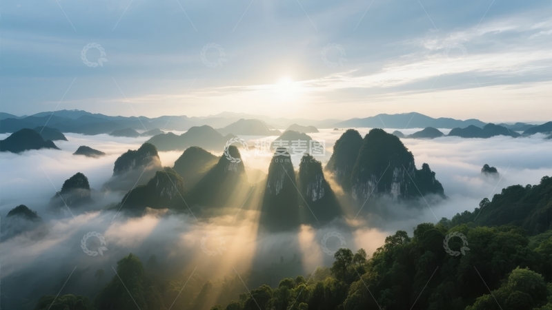 高清大图下载【趣麦麦图】日出时分云海缭绕山峰壮丽景观