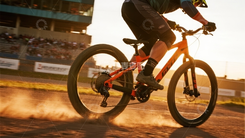 高清大图下载【趣麦麦图】骑手在赛道上骑行山地自行车扬起尘土