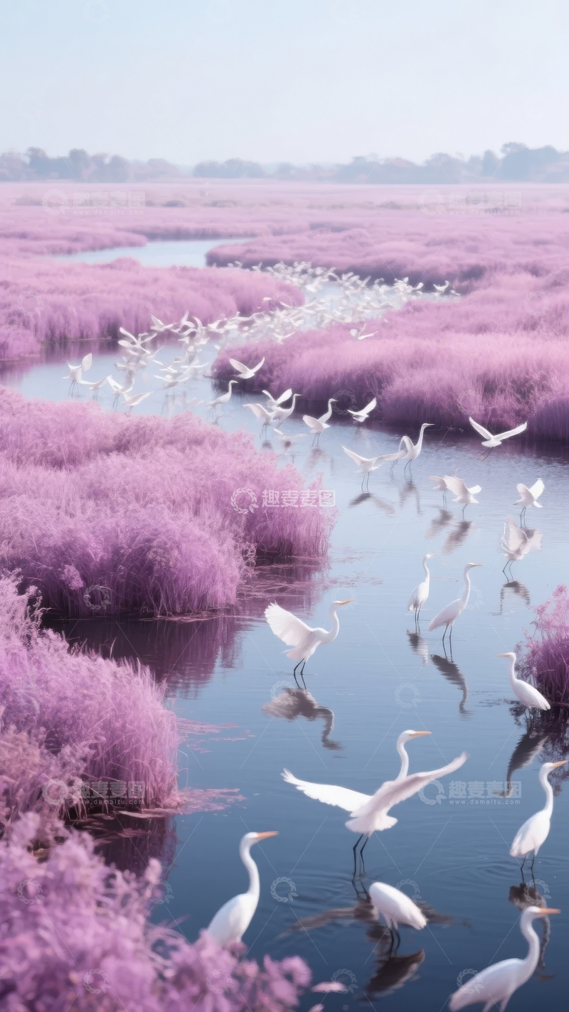 高清大图下载【趣麦麦图】粉紫色芦苇丛中白鹭飞翔的宁静湿地景观