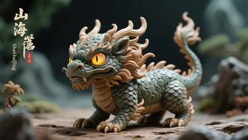 一只栩栩如生的龙形雕塑在岩石环境中