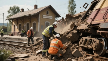 铁路事故现场工人清理轨道碎石