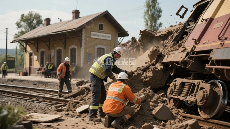 高清大图下载【趣麦麦图】铁路事故现场工人清理轨道碎石