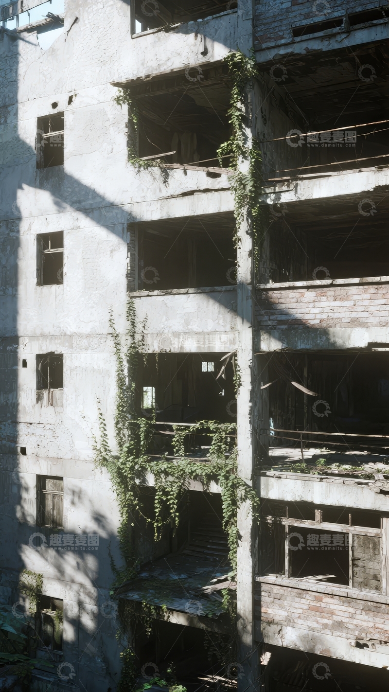 高清大图下载【趣麦麦图】废弃建筑外墙爬满藤蔓光影斑驳