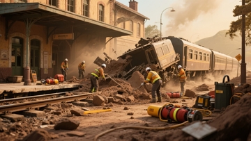 铁路事故现场救援人员正在处理脱轨列车