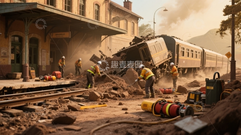 高清大图下载【趣麦麦图】铁路事故现场救援人员正在处理脱轨列车