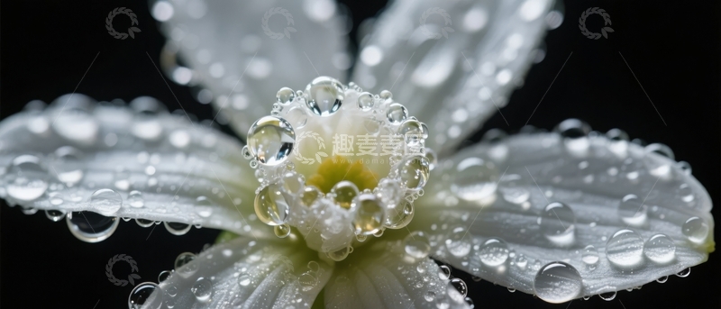 高清大图下载【趣麦麦图】白色花朵花瓣上布满晶莹水珠