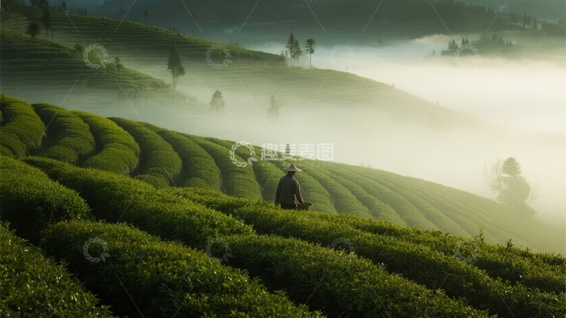 高清大图下载【趣麦麦图】晨雾笼罩的茶园中茶农劳作的宁静画面