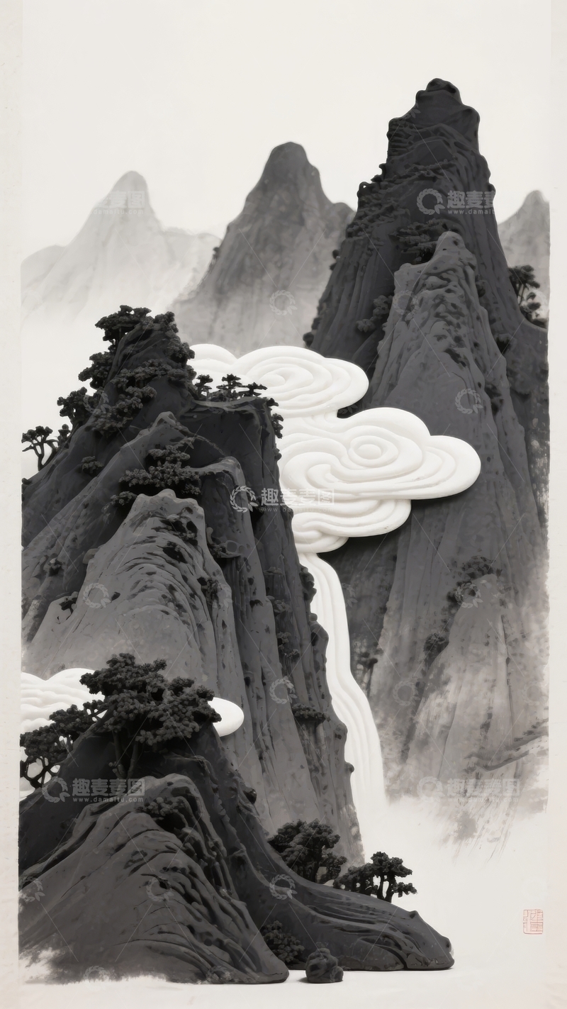 高清大图下载【趣麦麦图】水墨风格山峦云雾缭绕的自然景观画