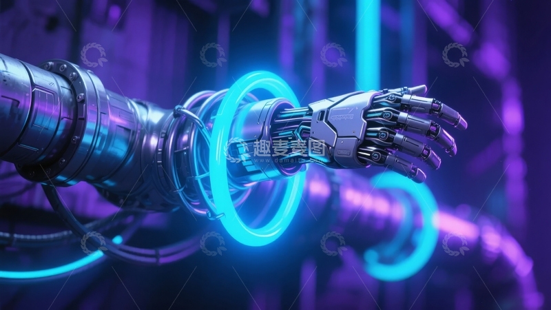 高清大图下载【趣麦麦图】未来科技风格下的机械手臂与发光管道