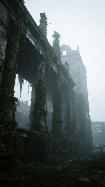 被藤蔓覆盖的废弃建筑在雾中显得神秘而荒凉