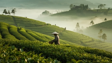 茶园梯田上戴着斗笠的采茶人