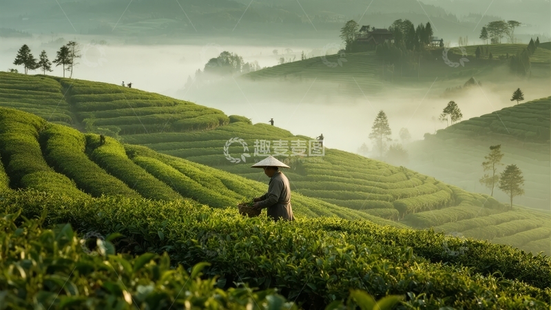 高清大图下载【趣麦麦图】茶园梯田上戴着斗笠的采茶人