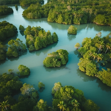 热带河流蜿蜒穿过茂密绿岛的空中俯瞰景象