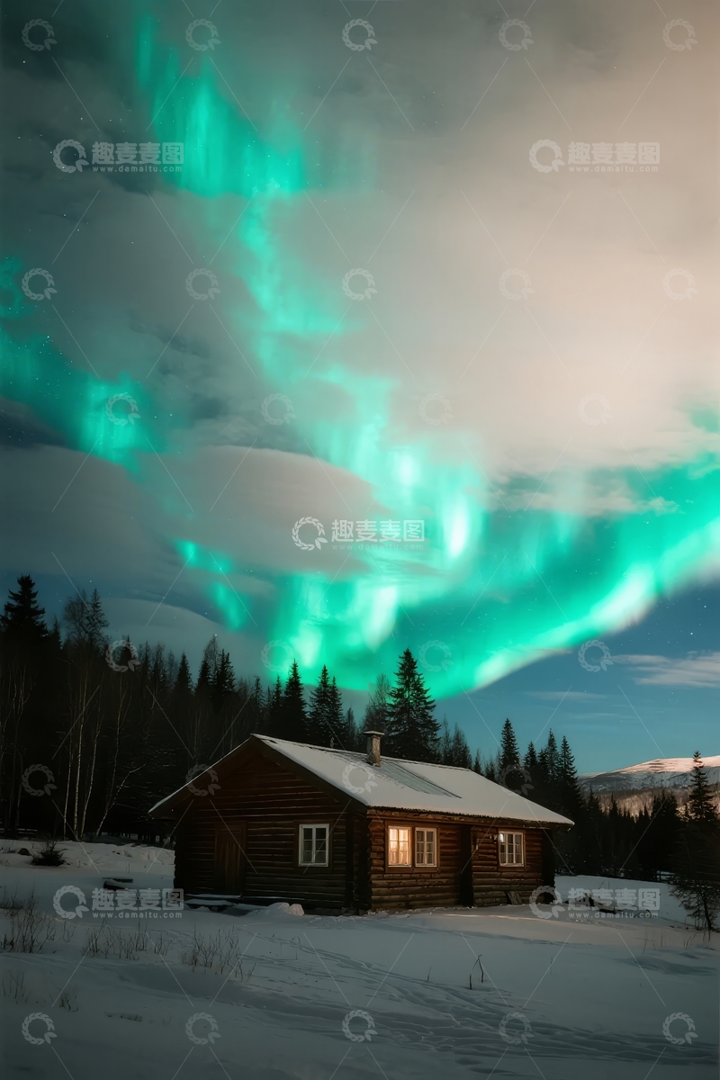 高清大图下载【趣麦麦图】雪地木屋夜空极光绚丽绽放