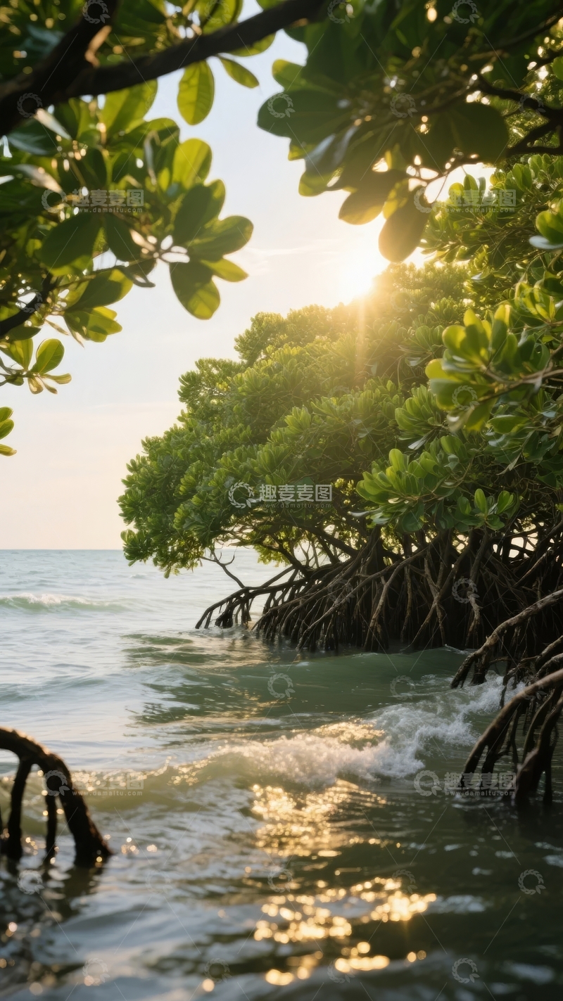 高清大图下载【趣麦麦图】阳光穿透红树林树冠海浪轻拍岸边