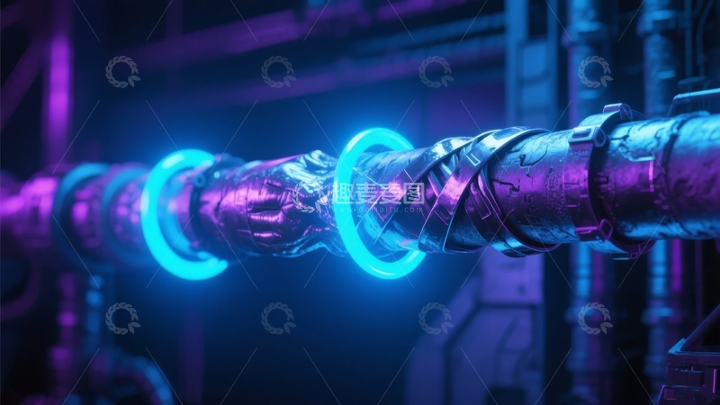 高清大图下载【趣麦麦图】发光蓝色环围绕金属管道的科技感工业场景