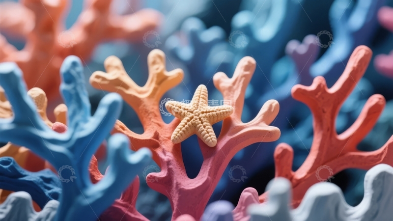 高清大图下载【趣麦麦图】色彩斑斓的珊瑚与海星构成的海底艺术画面