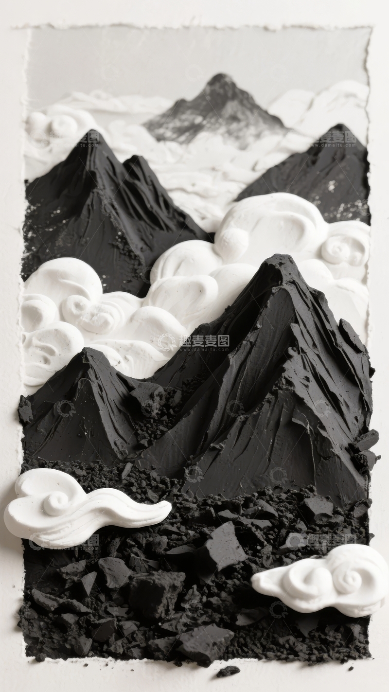 高清大图下载【趣麦麦图】黑白山峦云雾缭绕的艺术画作