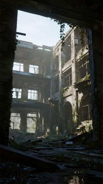 废弃建筑内部藤蔓缠绕的破败景象