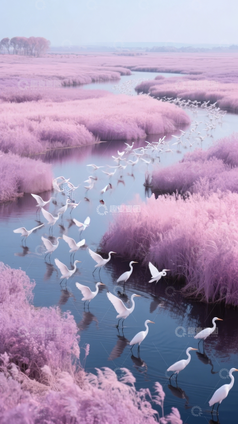 高清大图下载【趣麦麦图】粉紫色芦苇丛中白鹭飞翔的宁静湿地景观