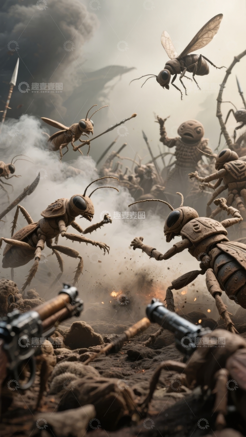 高清大图下载【趣麦麦图】机械昆虫与士兵在烟雾弥漫的战场上激烈交火